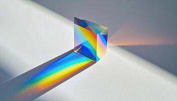 A rainbow is reflected on a white surface. The rainbow is in the shape of a cube. The cube is on a table photo