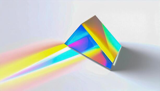 A rainbow colored prism is shown in a white background. The prism is a triangular shape and is reflecting light, creating a rainbow effect. Concept of wonder and beauty photo