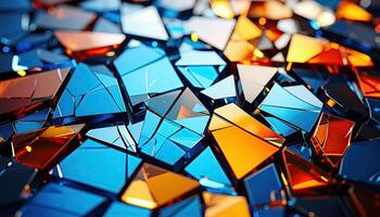 A colorful mosaic of broken glass pieces. The blue and orange pieces are scattered across the image, creating a sense of chaos and disarray photo