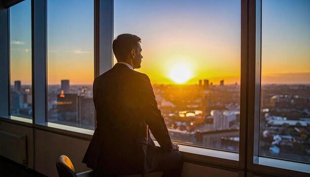 A man in a suit is sitting in a window looking out at the city skyline. The sun is setting, casting a warm glow over the buildings. The man is lost in thought photo