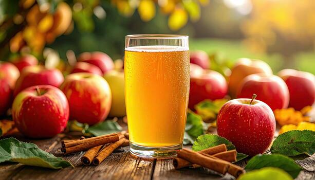 A glass of apple juice is on a table with apples and cinnamon. The apples are arranged in a pattern, with some on the left and others on the right. The cinnamon sticks are scattered around the apples photo