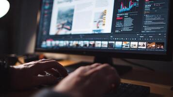 First-person View of Hands Typing Headline on Digital Editor with Analytics Displayed photo