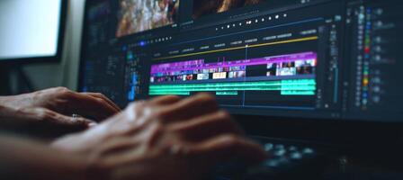 First-Person View of Hands Editing Timeline with Color Grading Tools photo