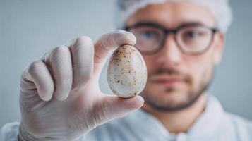 This researcher examines an egg believed to belong to an extinct animal species during a study. photo