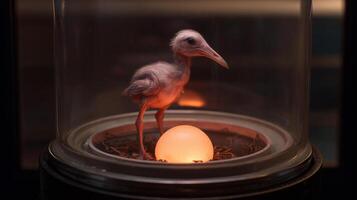 This dodo chick stands by a glowing egg, illustrating science and genetic revival. photo