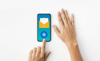 Newslettering Concept. Unrecognizable Female Using Smartphone With Opened Envelope Sign And Check Mark Button, Subscribed To Email Marketing, Creative Collage, Top View With Copy Space photo
