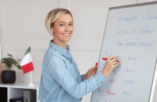 Online foreign languages school. Positive female teacher writing on blackboard, teaching Italian on web, explaining grammar rules to students. Happy young tutor giving lecture on internet photo
