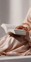 Ultra realistic close up of hands holding open book for reading and relaxation concept photo