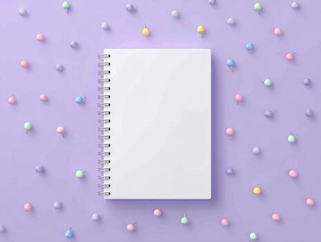 blanco cuaderno en suave lavanda antecedentes con vistoso patas para creativo inspiración foto