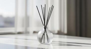 A vase with reed sticks on a table in front of a window photo