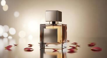 A perfume bottle with a gold top sits on a table with petals photo