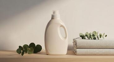 A bottle of liquid and a towel on a wooden table photo