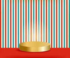 Circus background with vertical red blue beige stripes, red bottom stage and gold platform podium. Perfect for invitation or banner. illustration with empty space vector