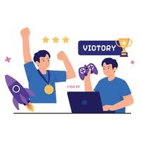 Gamers celebrating victory with trophies vector