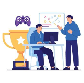 Gamers discussing strategies by trophy vector