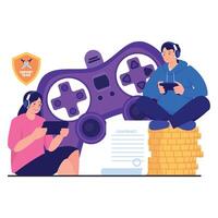 Gaming players with controllers and headphones vector