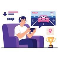 Gamer enjoying mobile car racing game vector