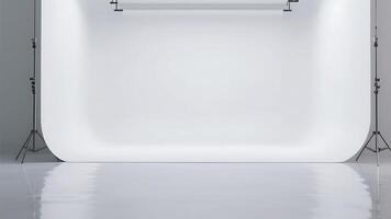 Clean Minimalist White Photography Studio Background with Lighting Equipment, Ideal for Product Photography or Photo Shoots