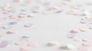 Pastel confetti scattered on white background, soft pink, purple, blue and yellow paper circles creating a festive, delicate and romantic frame for design, copy space photo