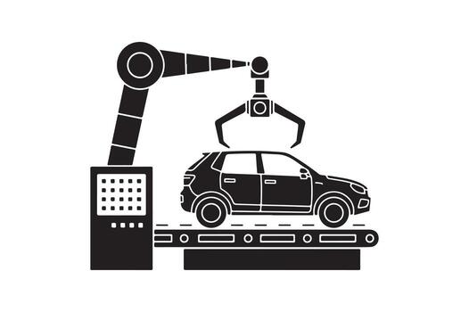 Automated car manufacturing assembly line with robotic arm silhouette and modern vehicle on conveyor belt for efficient production vector