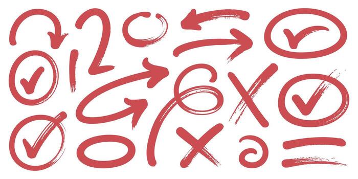 Hand drawn grunge style check marks arrows and cross out signs in red color set on white background vector
