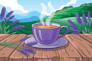 Cup of lavender tea with mountains vector