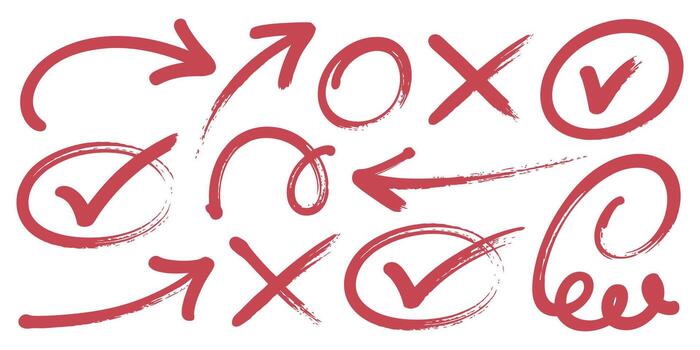 mano dibujado flechas y cheque marcas grunge estilo aislado en blanco antecedentes simbolizando dirección y aprobación vector