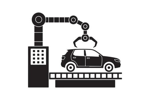 Automated car manufacturing assembly line illustration showcasing industrial robotics and advanced technology for vehicle production efficiency vector