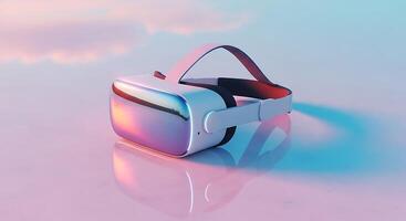 A vr headset with a white strap and a reflective front panel against a colorful background scene photo