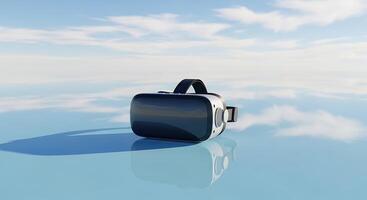 A vr headset sitting on a reflective surface with a cloudy sky in the background in a studio shot photo