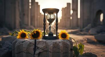 Hourglass on stone with sunflowers in ruins evoking time passing and beauty in decay landscape photo