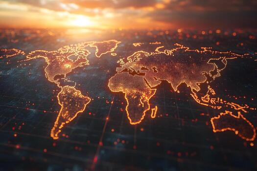Global Connection Concept with Digital World Map at Sunset - Ideal for Technology and Networking Themes photo