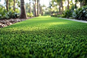 Tranquil Park Pathway with Green Grass Under Palm Trees for Nature Retreat Design photo