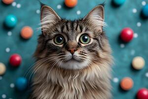 Playful Maine Cat Portrait with Colorful Balls on Teal Background photo