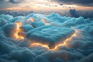 Dreamlike Bed Floating Amongst Glowing Clouds in a Surreal Heavenly Atmosphere photo
