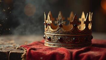 Ornate Gold Crown with Red Gems on Red Velvet photo