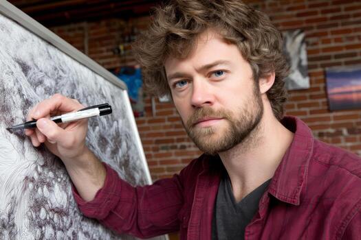 Focused man sketching intricate architectural details on canvas in creative studio photo