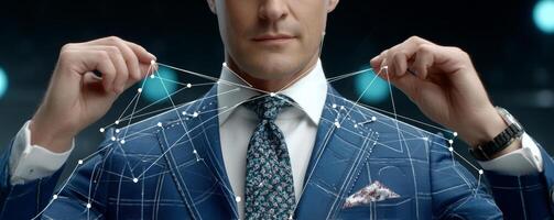 Man in blue checkered suit holding network of connected lines and dots, symbolizing innovation photo