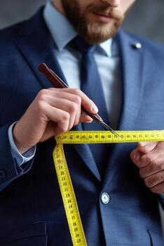 Tailor measuring suit jacket with yellow tape for precise fit adjustments photo