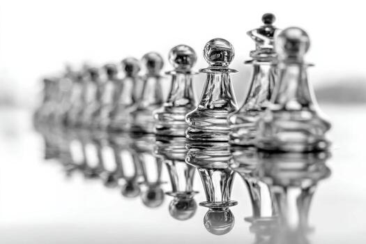Row of glass chess pawns with reflections on glossy surface, creating striking abstract effect photo