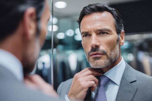 Confident man adjusts his tie while looking in mirror, wearing tailored suit in modern store photo