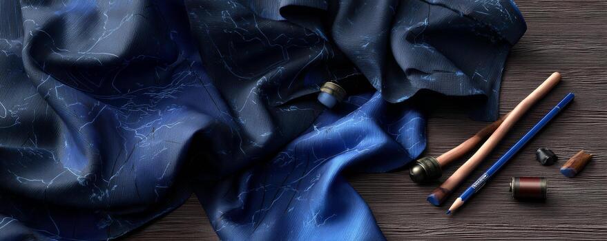 Elegant blue fabric with chalk drawn suit patterns, surrounded by tailoring tools photo