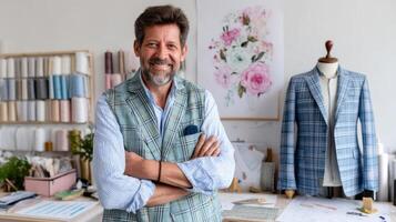 Confident tailor in plaid vest standing in workshop with suit and floral decor photo