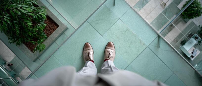 Person standing on glass floor in modern building, creating unique perspective photo