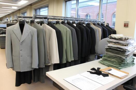 Tailor workshop with suits on racks and fabric patterns on table photo
