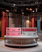 Pair of colorful storage cases, pink and red, on round table in modern studio setting photo