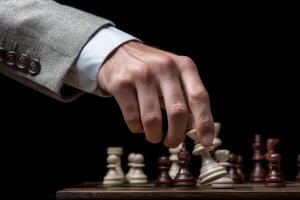 Hand in suit moves chess piece on wooden chessboard, symbolizing strategy photo