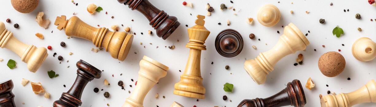Chess pieces scattered on white surface with spices and crumbs, creating playful mood photo