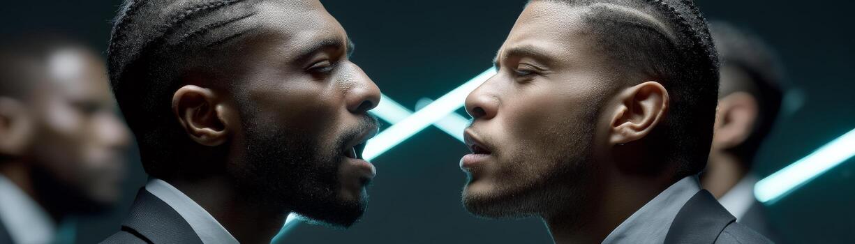 Tense confrontation between two men in suits, illuminated by neon lights photo