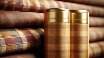 Golden thermos bottles with plaid fabric texture, placed against stack of colorful plaid fabrics photo